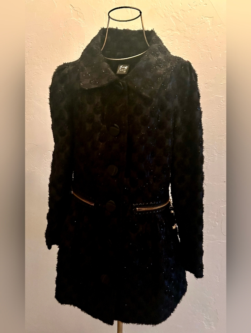 Black On Black Textured Trench Coat with Zip-Accent Waist